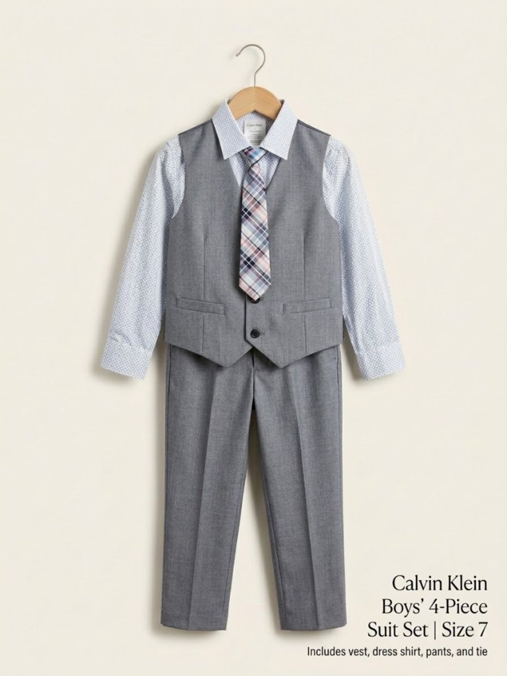 Calvin Klein Boys' 4-Piece Formal Suit Set – Size 7 (Vest, Pants, Shirt & Tie)